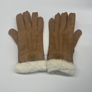UGG Tan Shearling Turn Cuff Gloves with Cream Fur Trim